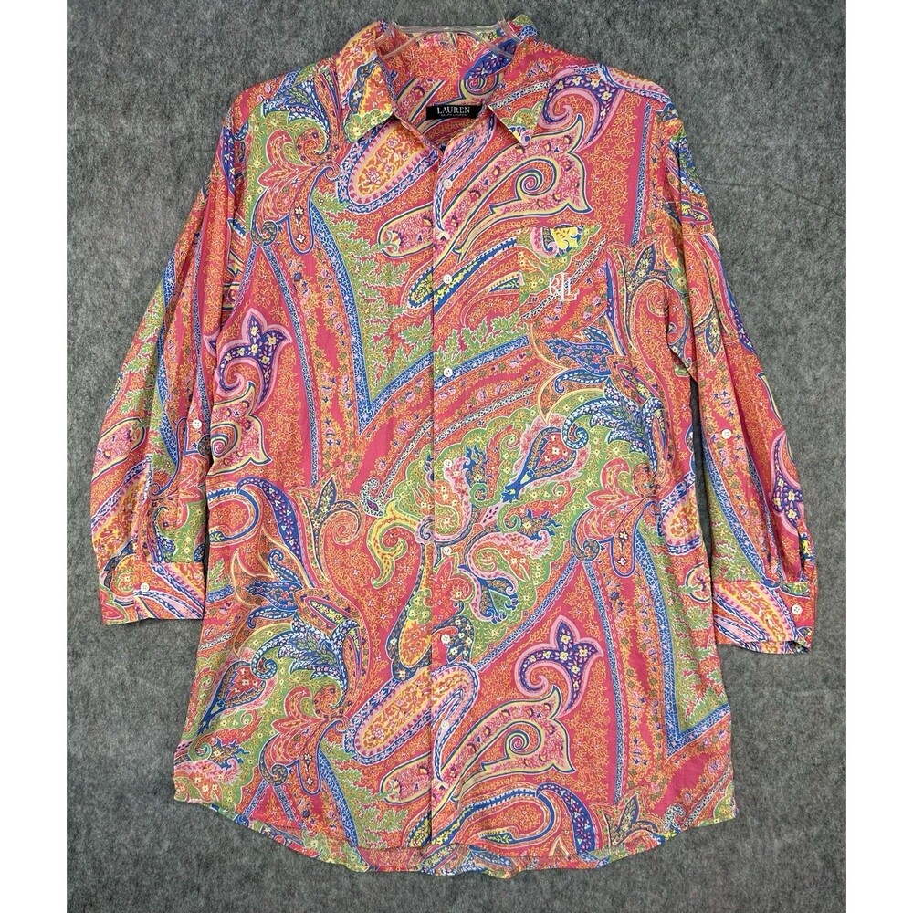 Lauren Ralph Lauren Womens Button Up Shirt Floral Paisley Black Label Tunic Sz L